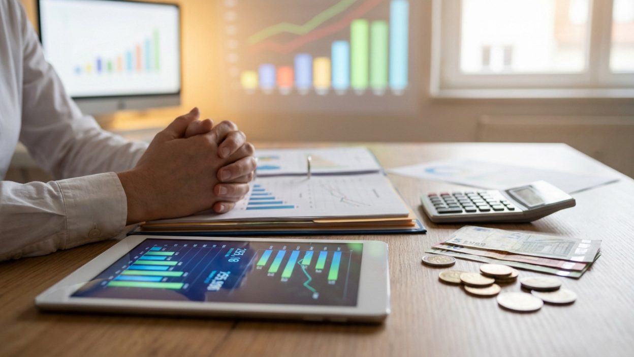 Hands contemplating financial data on a tablet with graphs, euros, and calculator on a desk. Blurred monitor with charts in background.