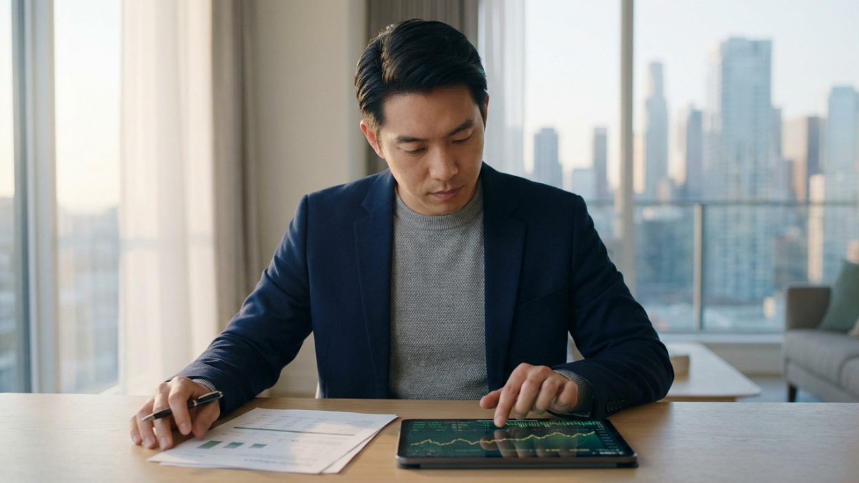 Focused professional analyzing financial data on tablet and documents in a modern office with city skyline view at dawn.