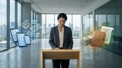 Woman in modern office weighs financial choices: 'Quick Cash' via digital devices & small bills vs. 'Long-term Plan' with stacked funds & notebook.