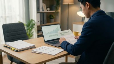 Professional man reviews a financial plan document with 'APPROVED' visible on his laptop screen, indicating successful planning.