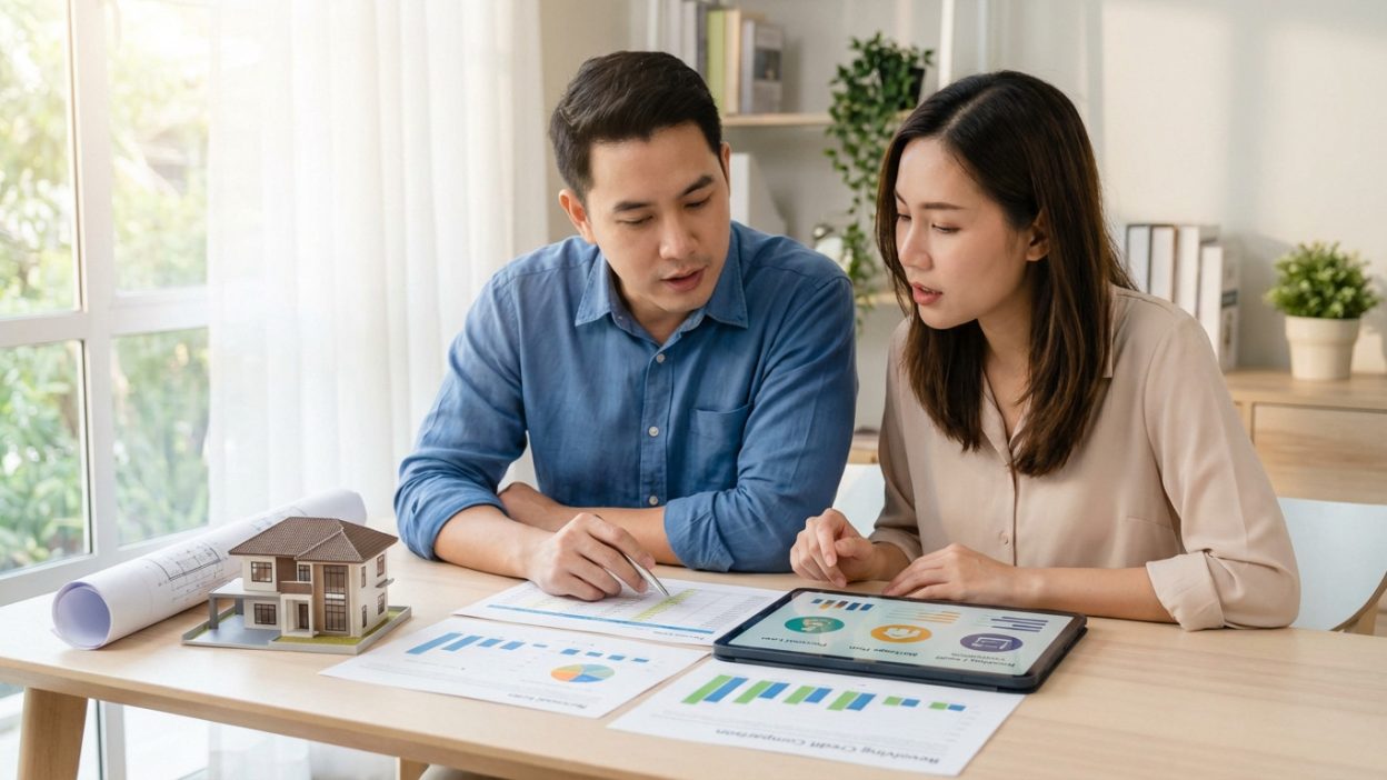 Couple in home office reviewing financial documents and tablet for credit options; a house model symbolizes their project.