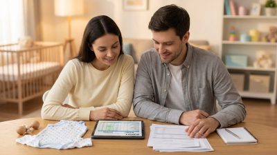 A couple smiles while budgeting for their baby's arrival, with a tablet, documents, a onesie, and a rattle on the table.