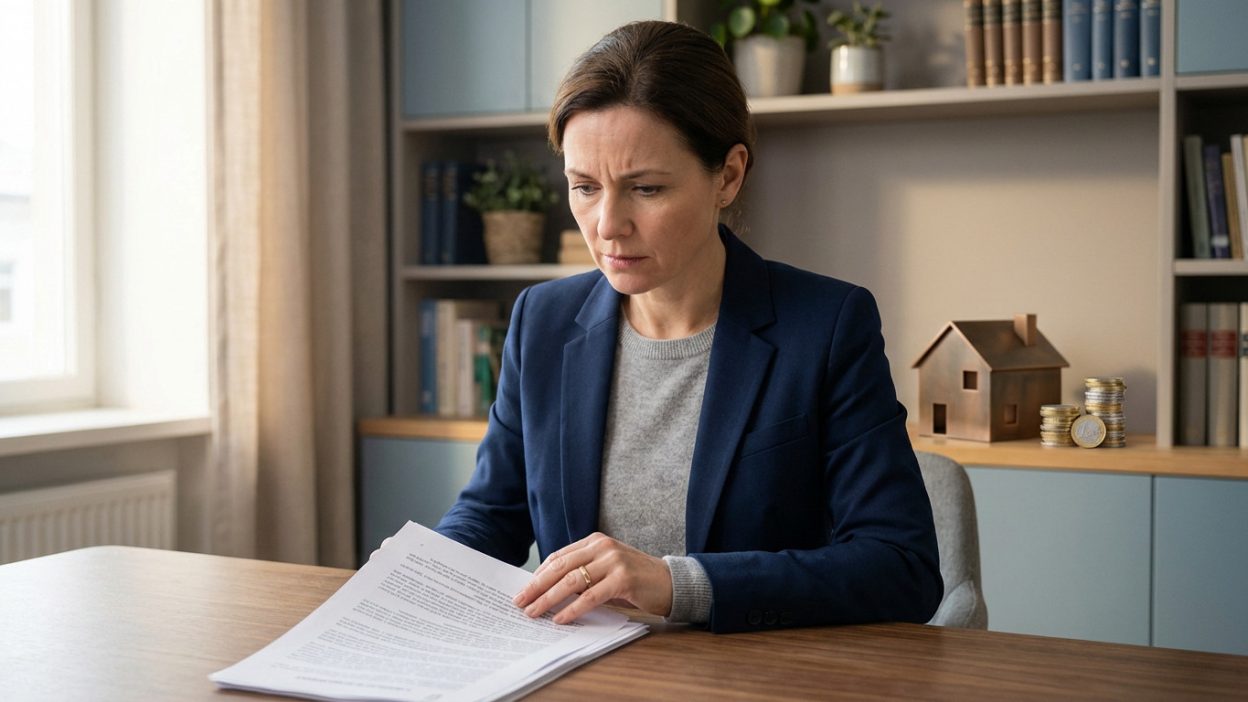 Mid-40s woman thoughtfully reviewing a legal document at a desk. House figurine and euro coins are subtly visible in the background.