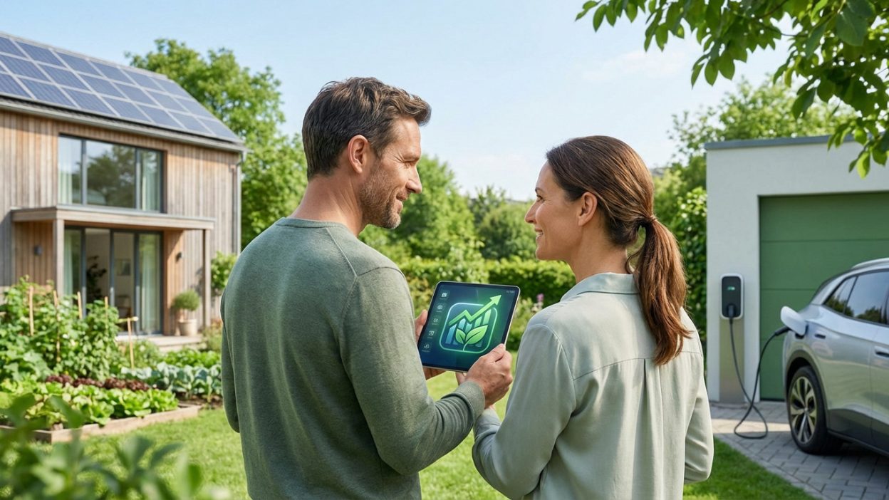 A couple smiles, looking at a tablet showing a green finance graph, in front of a solar-paneled home and charging electric car.