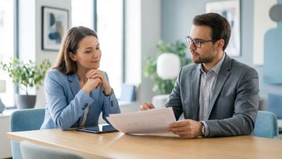 Man and woman in a modern office meeting, discussing documents with a tablet on a light wood table. Soft lighting, blurred background.