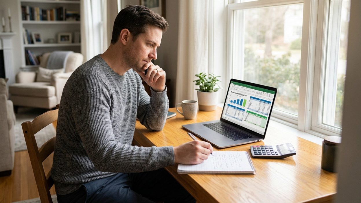 Man in grey sweater intently reviewing a budget spreadsheet on a laptop, taking notes with a pen at a wooden desk in a home office.