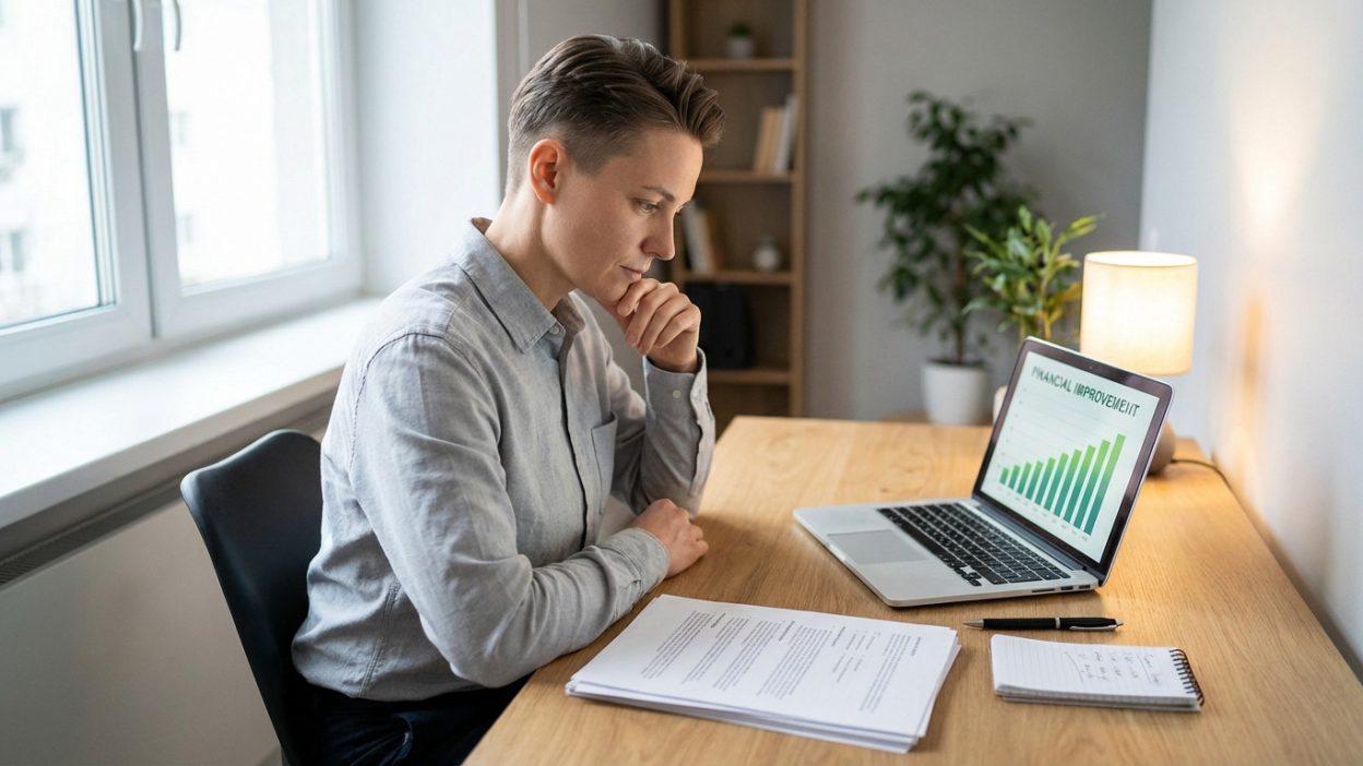 A gender-neutral figure thoughtfully examines financial documents and a laptop showing a positive bar graph at a sleek wooden desk.