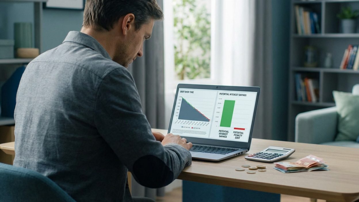 Man analyzing laptop with financial graphs: decreasing debt, interest savings, and penalty costs. Euro banknotes, coins, and calculator on desk.