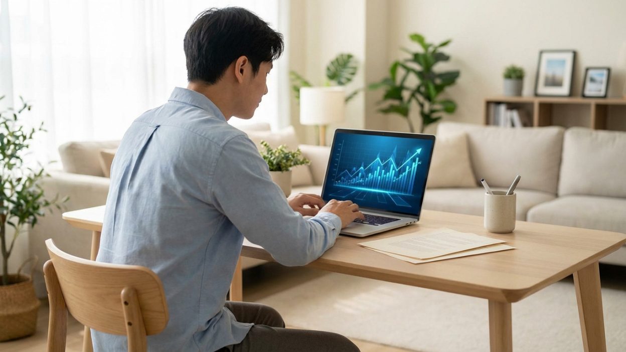 Man in light blue shirt focused on laptop with glowing financial growth charts in a bright, modern home office.