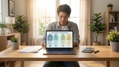Focused man at a modern desk in a bright home office, reviewing a colorful financial infographic on a laptop. Planning tools nearby.
