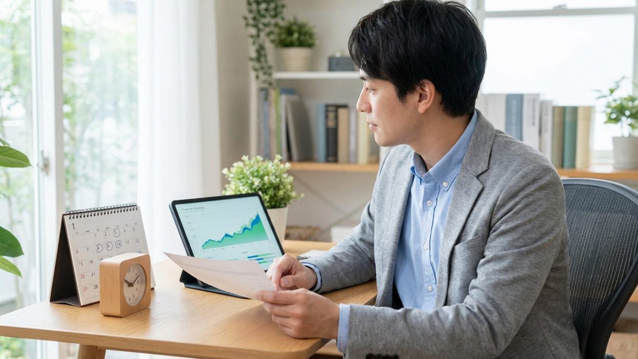 Thoughtful man in smart casual attire reviewing financial documents and a tablet with charts at a modern wooden desk in a bright home office.