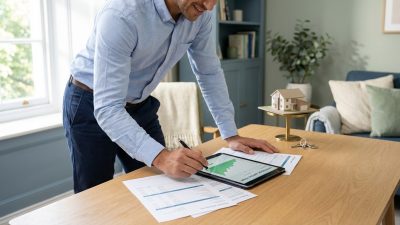 Man reviewing mortgage documents and a financial graph on a tablet, with a house model and keys symbolizing homeownership.