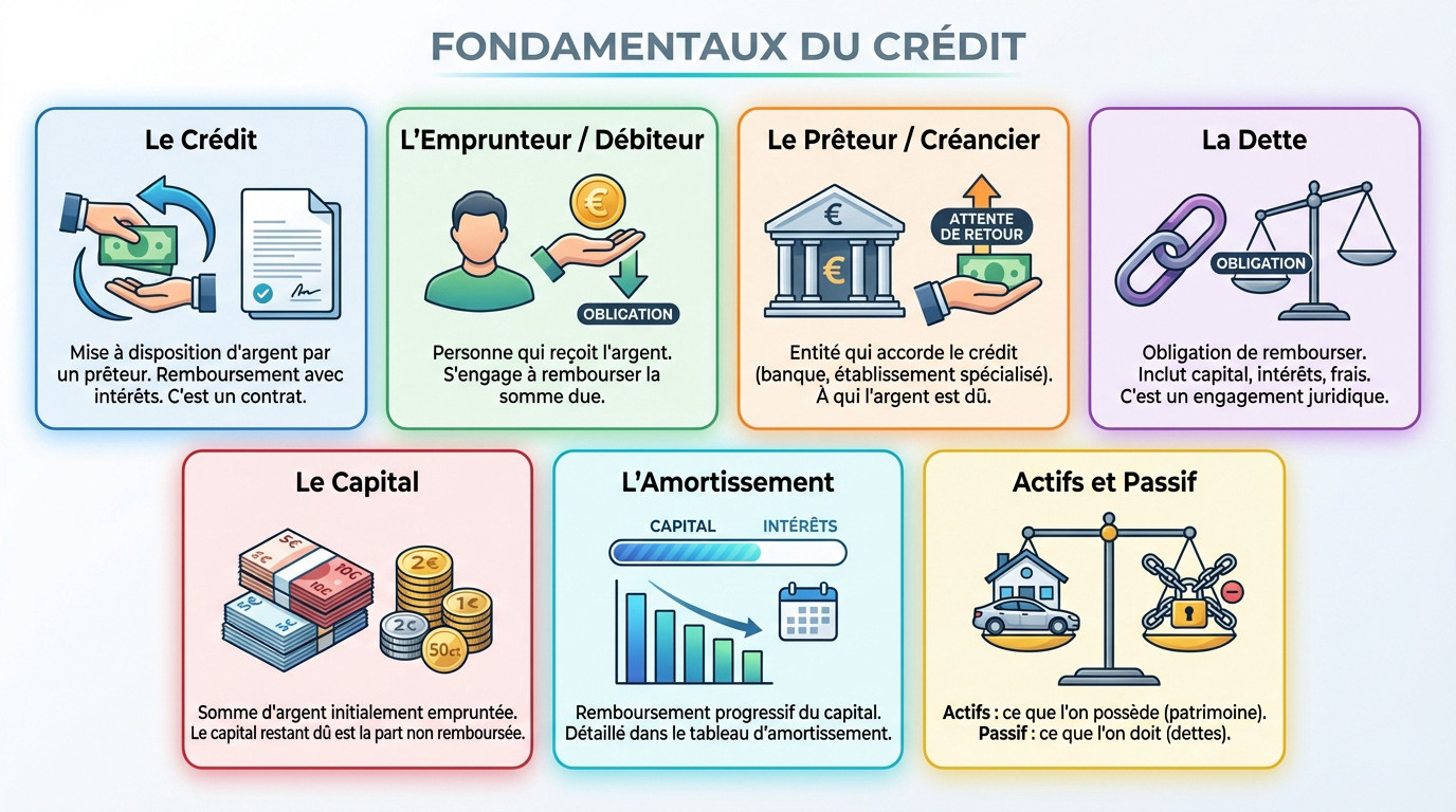 Infographie explicative sur les fondamentaux du crédit : emprunteur, prêteur, capital et intérêts