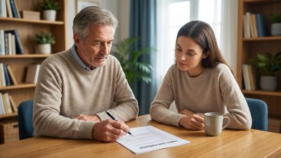 An older man signs a family loan agreement with a younger woman observing, at a wooden table in a well-lit home office.