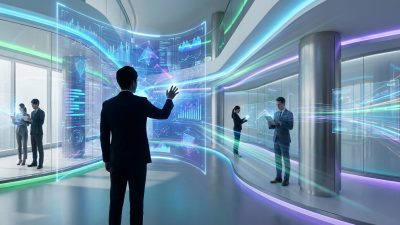 Professionals in futuristic financial hub interact with glowing holographic data displays, transparent screens, and vibrant light trails.
