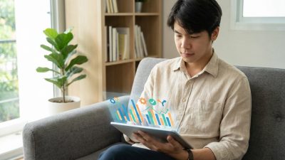 Young adult on sofa analyzing vibrant financial charts and icons projected from a tablet in a bright, modern living space.