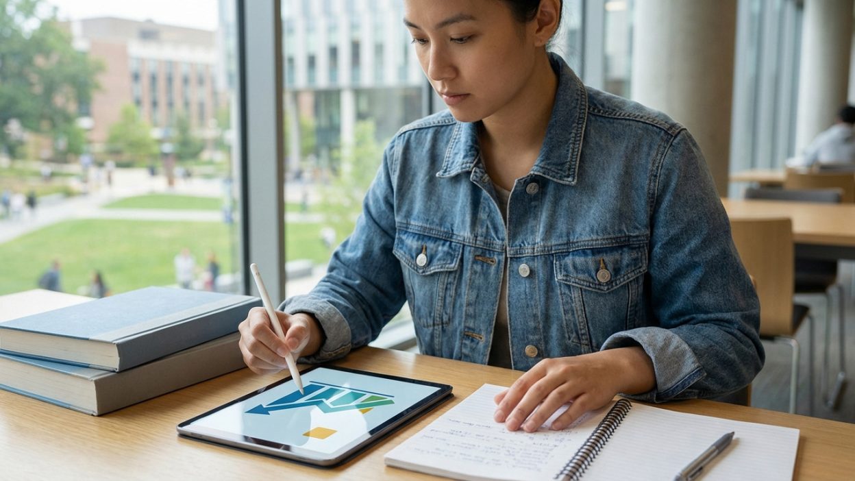 Young adult student focused on a digital financial graph on a tablet, with a notebook and books, in a sunlit university library.