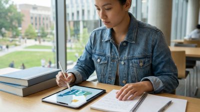 Young adult student focused on a digital financial graph on a tablet, with a notebook and books, in a sunlit university library.