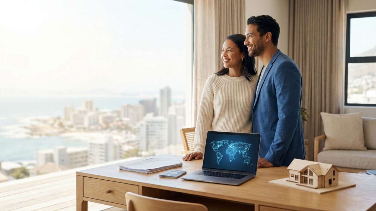 Diverse couple smiles looking out a window at a city view, with a desk showing a laptop with a world map, passport, and house model.