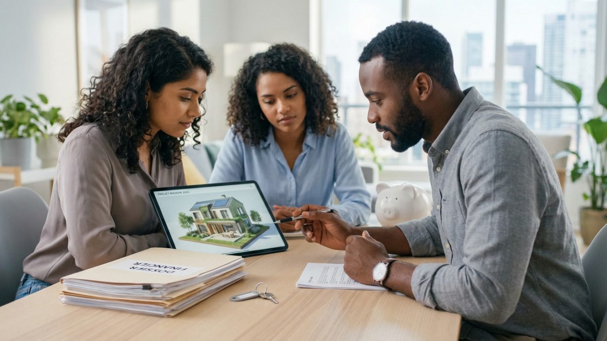 Diverse couple and consultant review 3D house plans on a tablet. Financial dossier, key, and piggy bank signify homeownership planning.