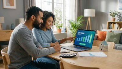 Couple souriant simulant un prêt immobilier sur un ordinateur portable, avec calculatrice et figurine de maison.