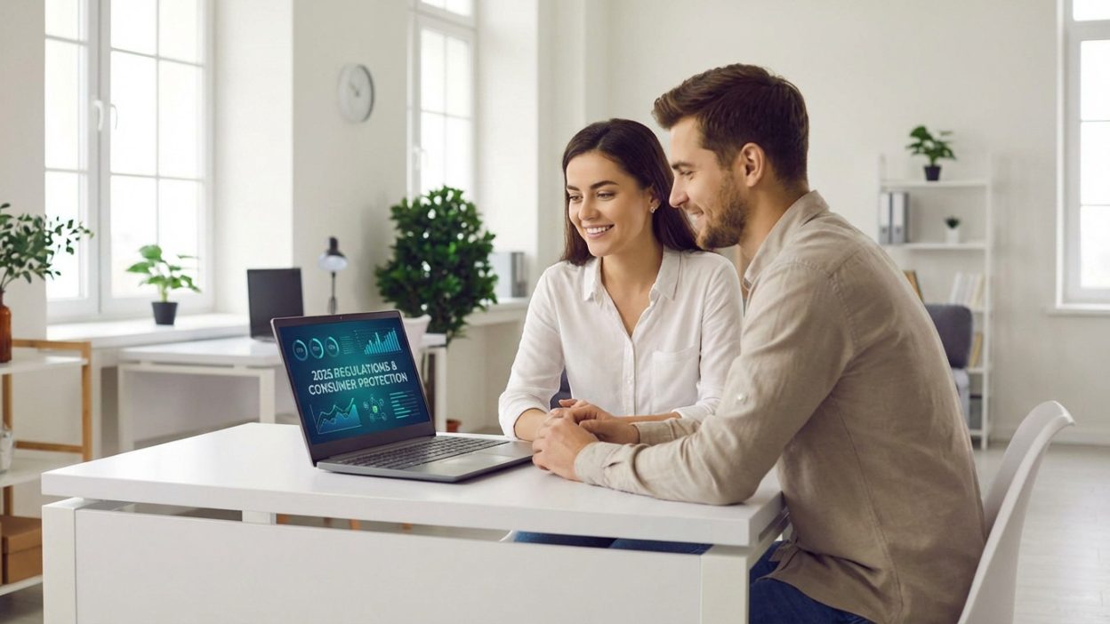 Smiling couple intently views a laptop displaying '2025 Regulations & Consumer Protection' in a bright, modern home office.