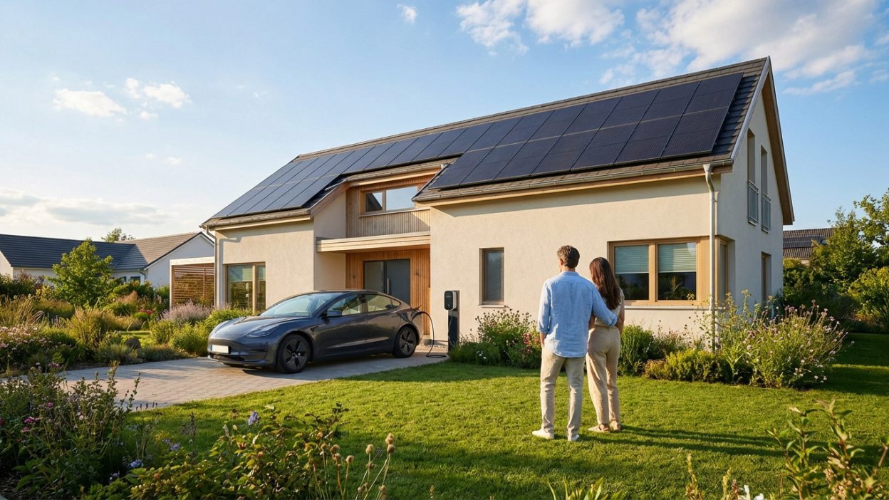 A couple views their modern suburban home with solar panels and an electric car charging in the driveway on a sunny day.