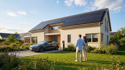 A couple views their modern suburban home with solar panels and an electric car charging in the driveway on a sunny day.
