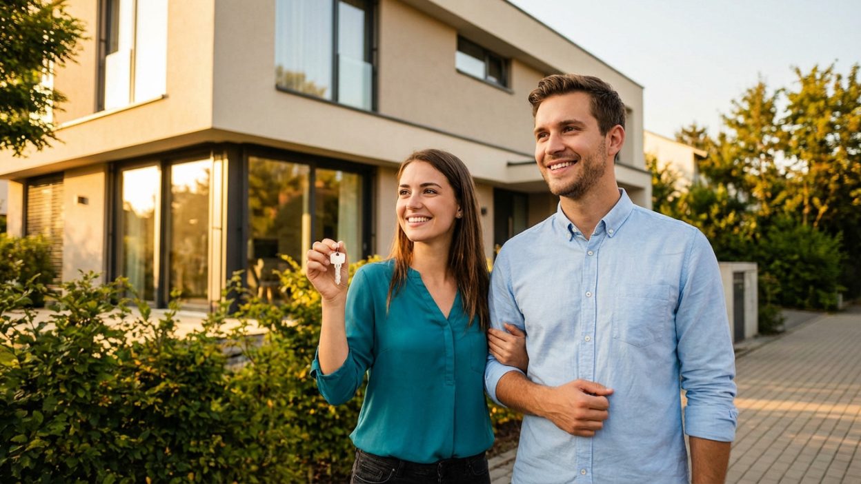 A happy young couple, the woman holding a house key, stands before their modern home bathed in golden hour light.