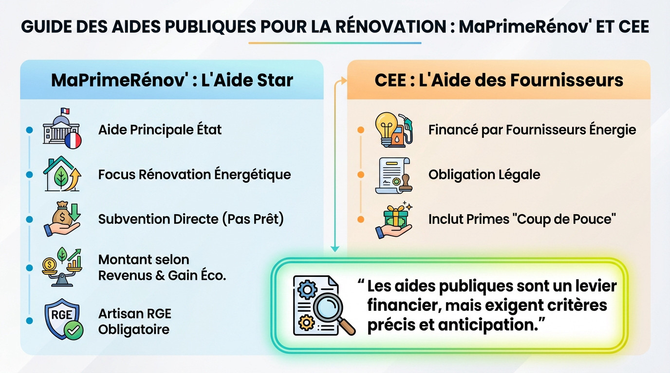 Illustration des dispositifs d'aides publiques comme MaPrimeRénov' et les CEE