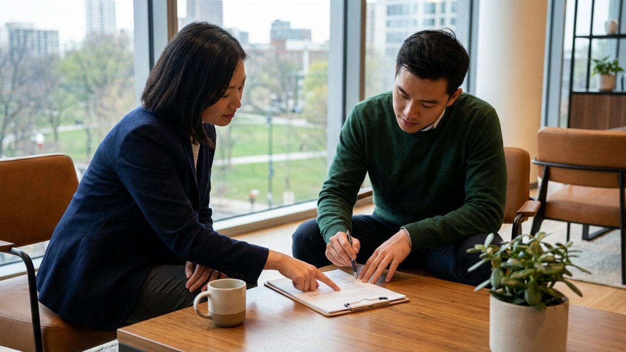 Two individuals review a private loan contract in a modern office. One points to details, the other holds a pen, signifying agreement.