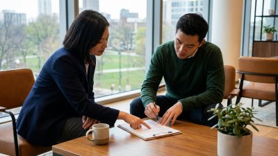 Two individuals review a private loan contract in a modern office. One points to details, the other holds a pen, signifying agreement.