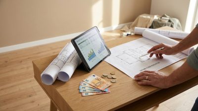 Hands planning home renovation on a desk with blueprints, a tablet showing budget, and Euro banknotes/coins.