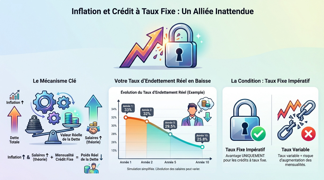 Graphique montrant une balance où l'inflation allège le poids d'un crédit immobilier à taux fixe