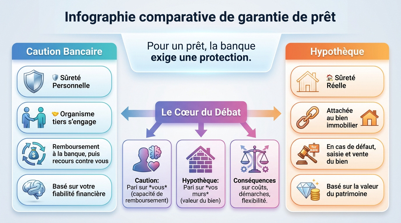 Infographie comparative expliquant les différences entre garantie hypothécaire et caution bancaire