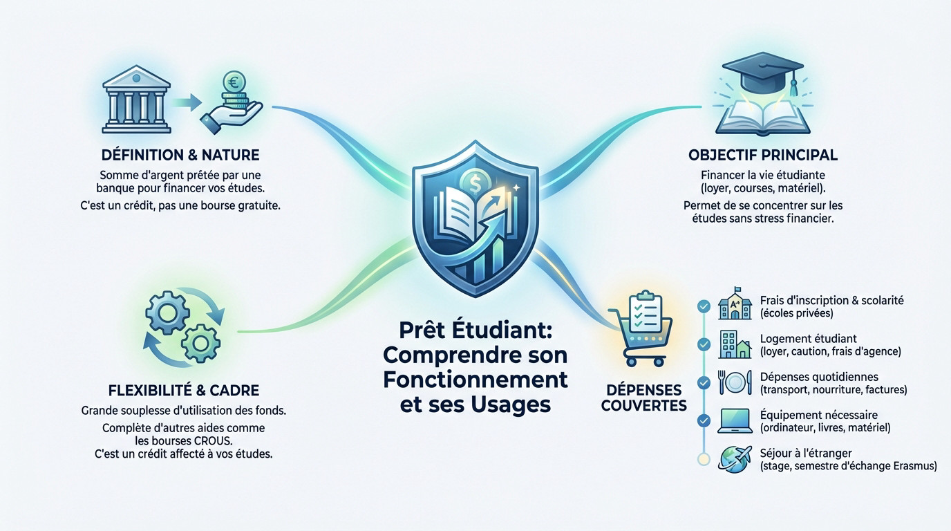 Infographie détaillant les dépenses couvertes par un prêt étudiant : logement, frais de scolarité et vie quotidienne