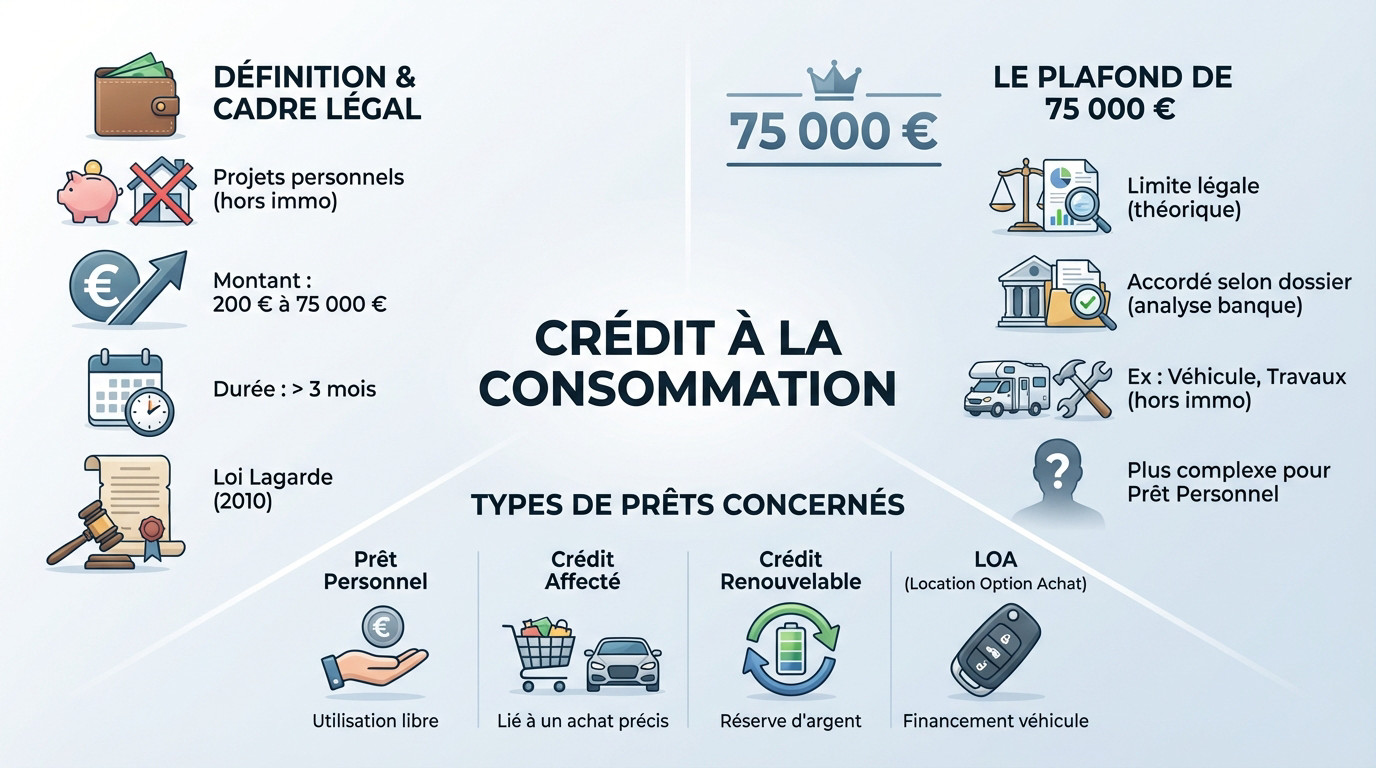 Infographie détaillant les règles et plafonds du crédit à la consommation en France