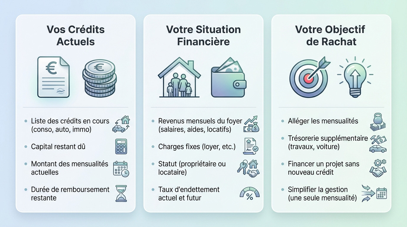 Infographie listant les documents et informations nécessaires pour préparer une simulation de rachat de crédit efficace