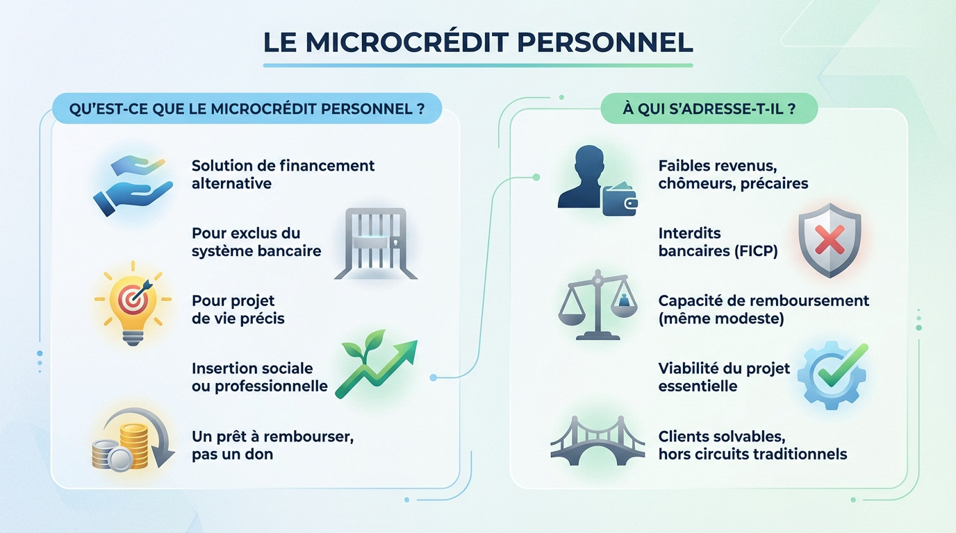 Infographie détaillant le fonctionnement et les avantages du microcrédit personnel pour les exclus bancaires