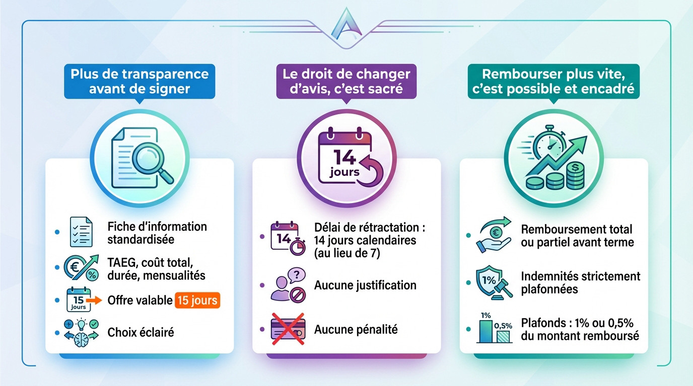 Infographie détaillant les droits des emprunteurs et les délais de la loi Lagarde pour le crédit consommation