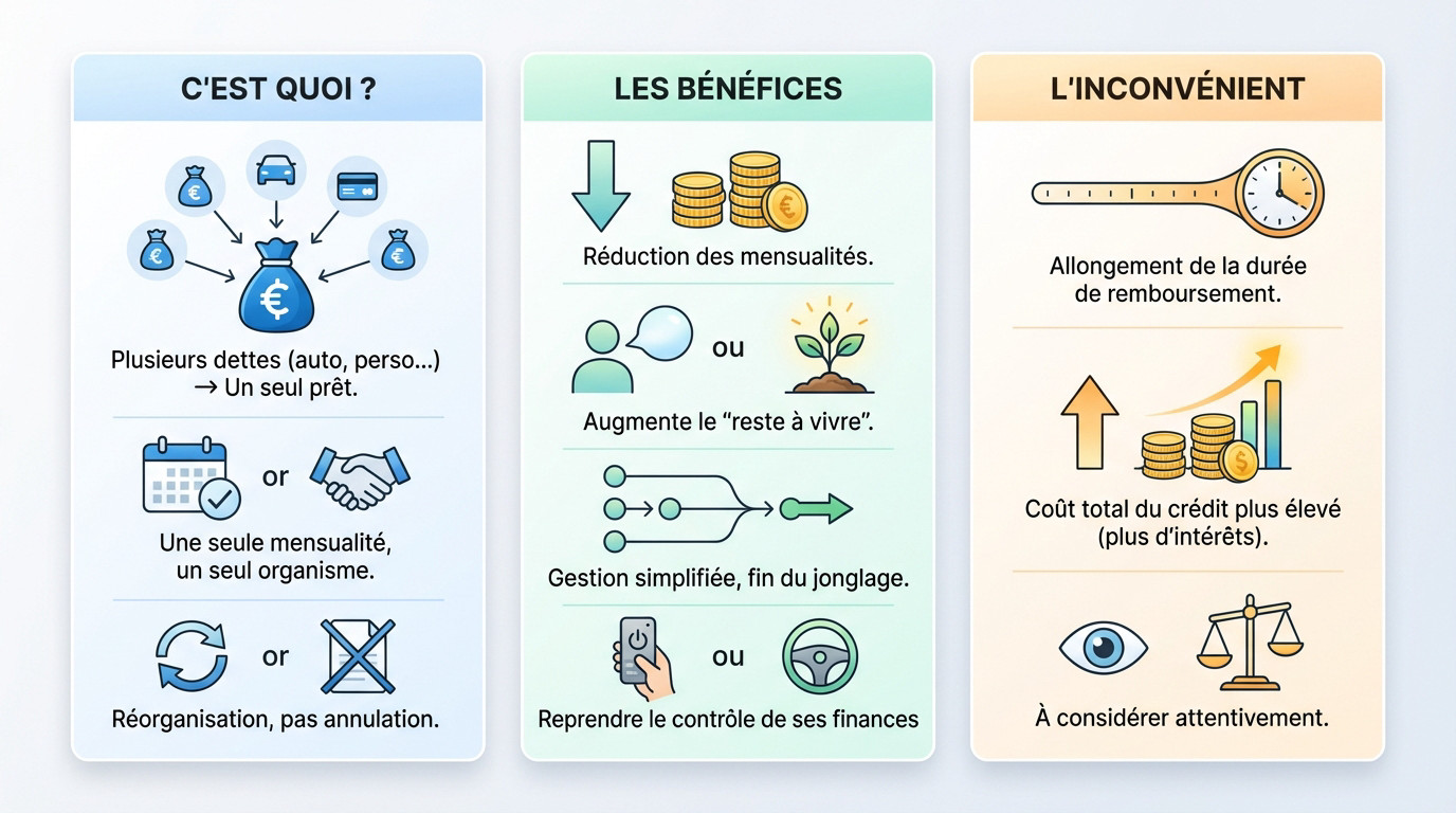 Schéma explicatif du fonctionnement d'un regroupement de crédits pour réduire les mensualités
