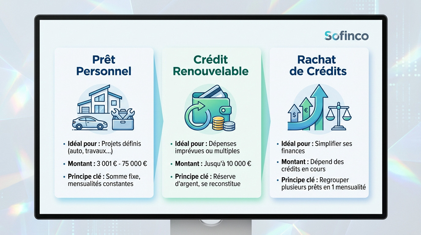 Infographie présentant les solutions de financement Sofinco : prêt personnel, crédit renouvelable et rachat de crédits