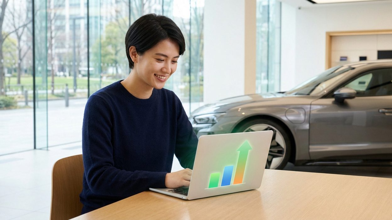 Smiling individual reviewing car financing on laptop with a positive green graph, modern grey car in bright showroom lounge.