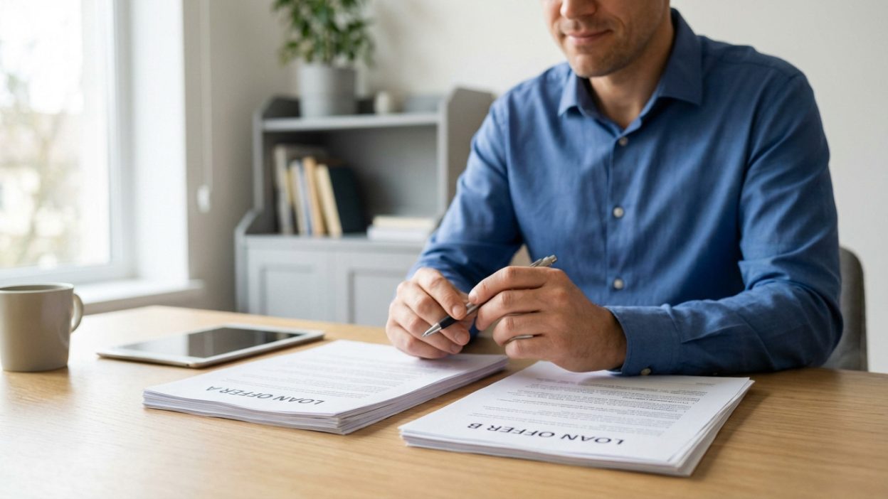 A man thoughtfully compares two loan offers, 'A' and 'B', with a pen at a modern wooden desk in a softly lit office.