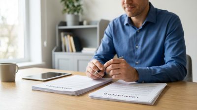 A man thoughtfully compares two loan offers, 'A' and 'B', with a pen at a modern wooden desk in a softly lit office.