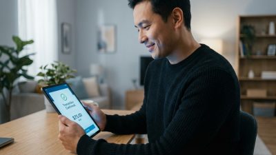 A man smiles, confirming a $75 digital transaction on a tablet in a modern home. He looks satisfied with the quick process.