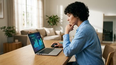 Gender-neutral person in blue shirt intently studying credit offer graphs on a laptop at a wooden desk in a bright, modern room.