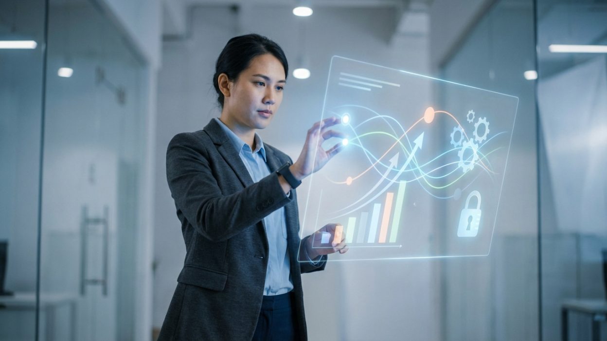 Professional interacts with transparent holographic financial data, displaying charts, trends, and security symbols in a modern office.
