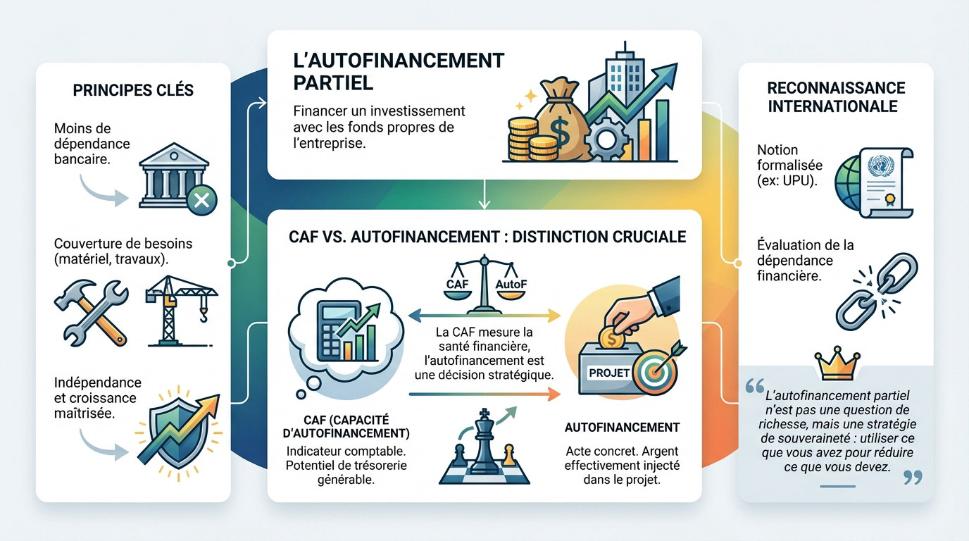 Schéma illustrant la différence entre fonds propres et financement externe dans l'autofinancement partiel