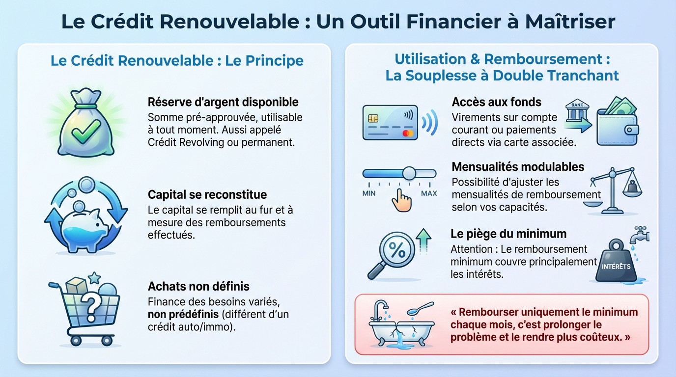 Schéma explicatif du fonctionnement d'une réserve d'argent et du crédit renouvelable